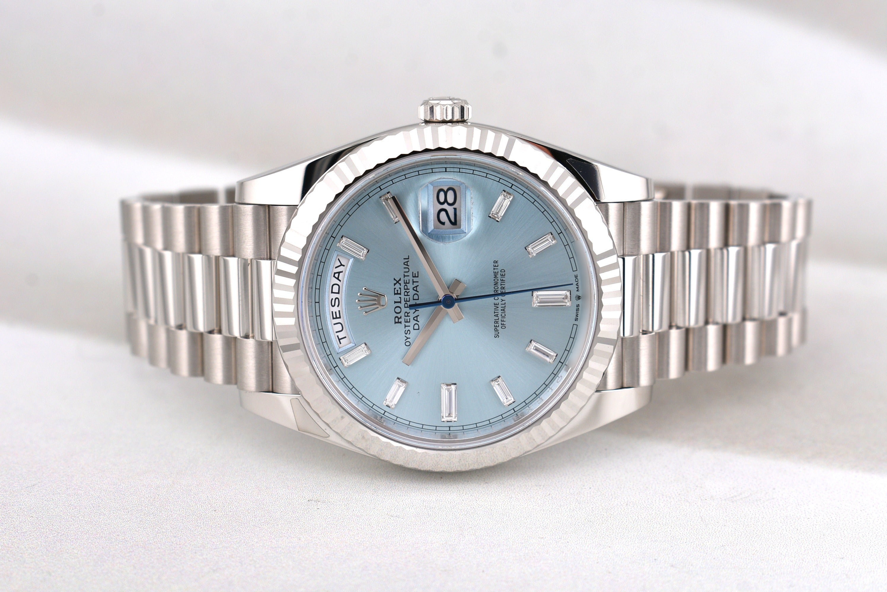 Rolex Day Date 40 Platinum Ice Blue Baguette Diamond Dial 228236 2026