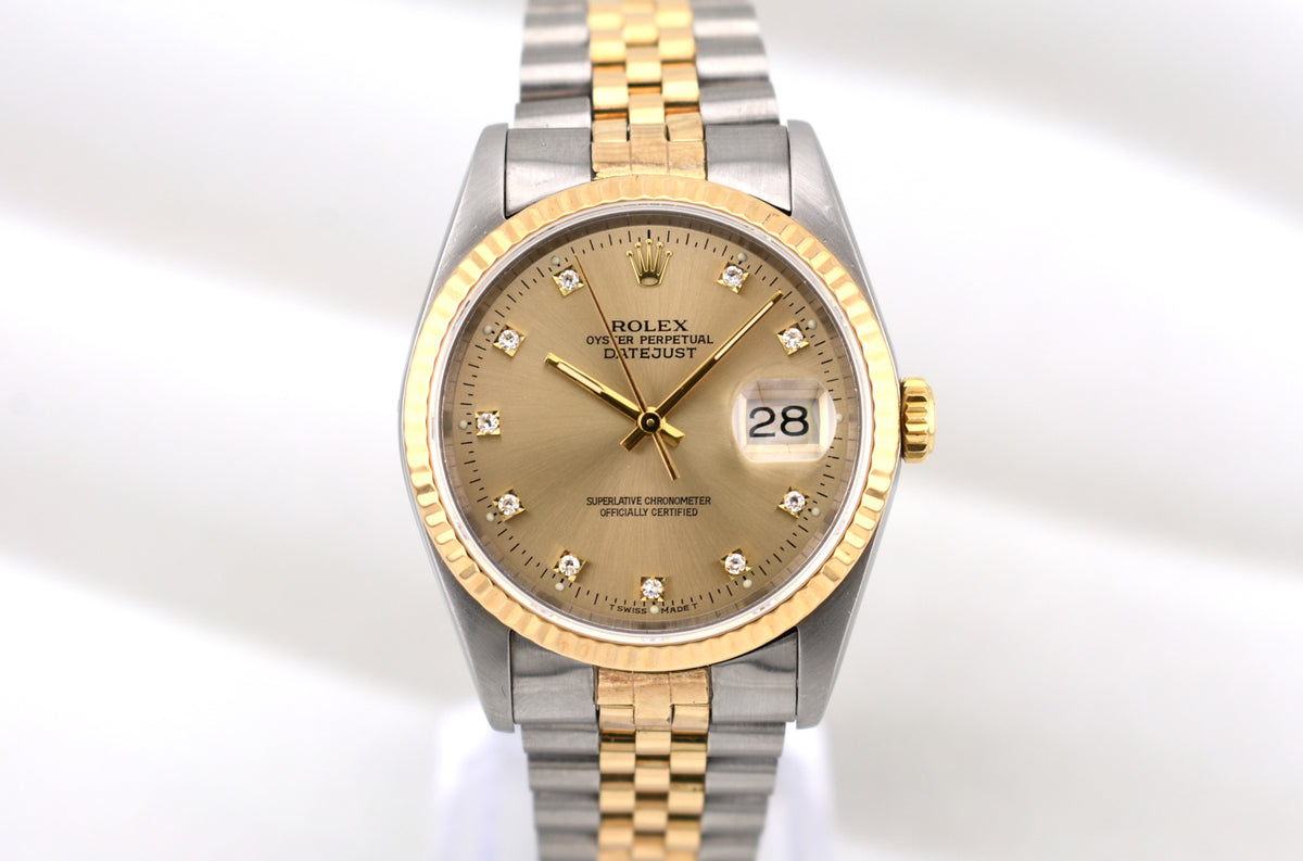 Rolex Datejust 36 Champagne Diamond Dial 16233 E Serial 1990