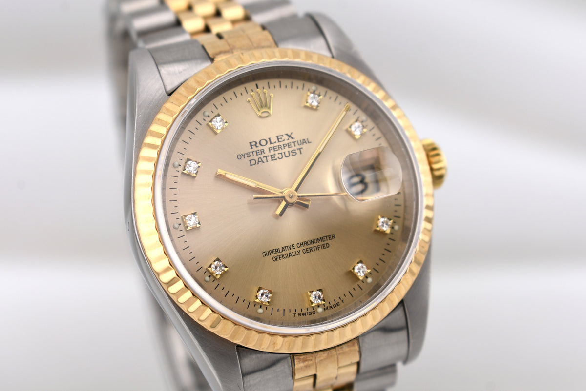 Rolex Datejust 36 Champagne Diamond Dial 16233 E Serial 1990