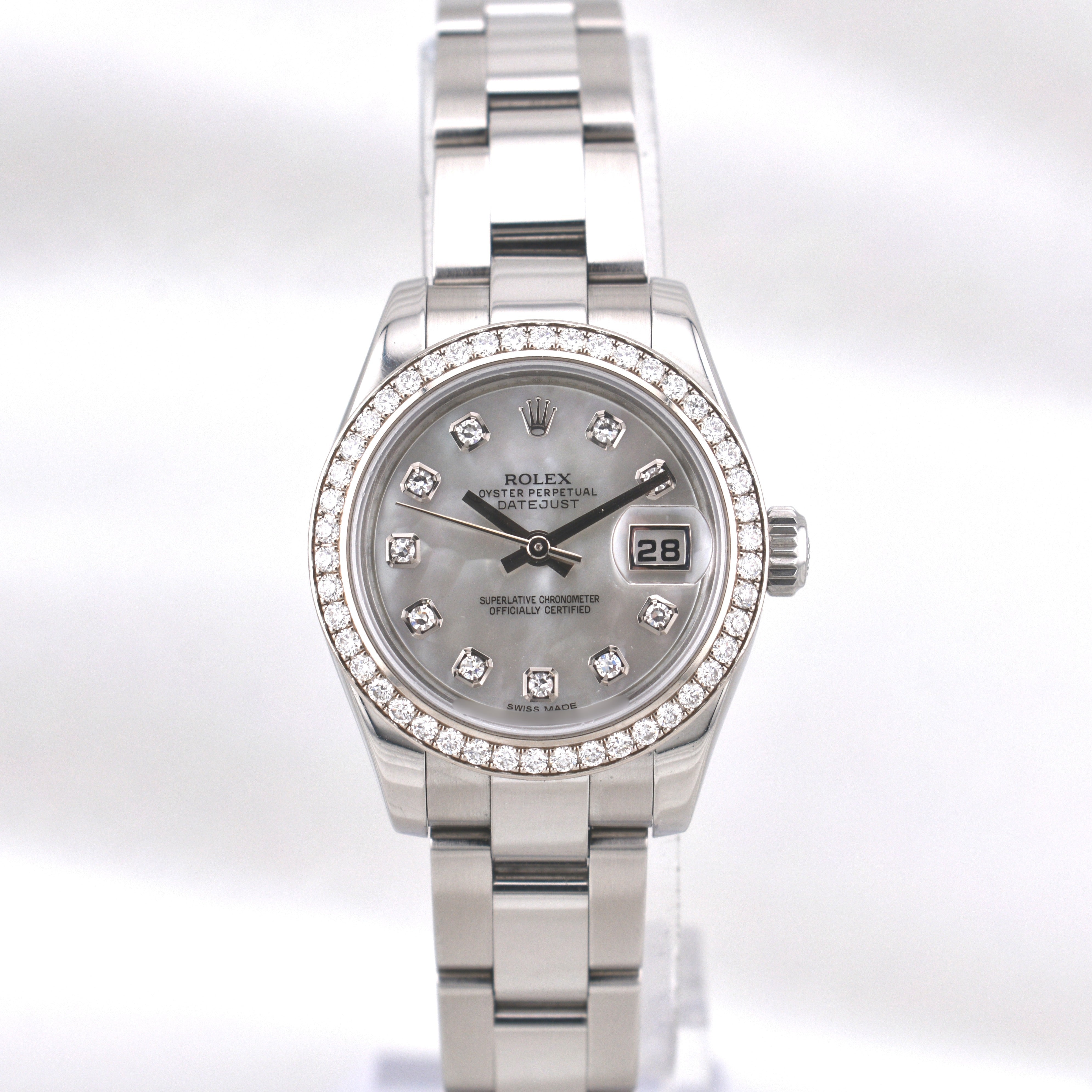 Rolex Lady Datejust 28 Mother of Pearl Diamond Dial Factory Diamond Bezel 179384RBR
