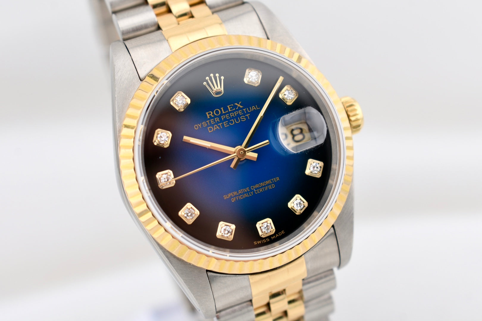 Rolex Datejust 36 Two Tone Yellow Gold Blue Vignette Diamond Dial 16233 1996