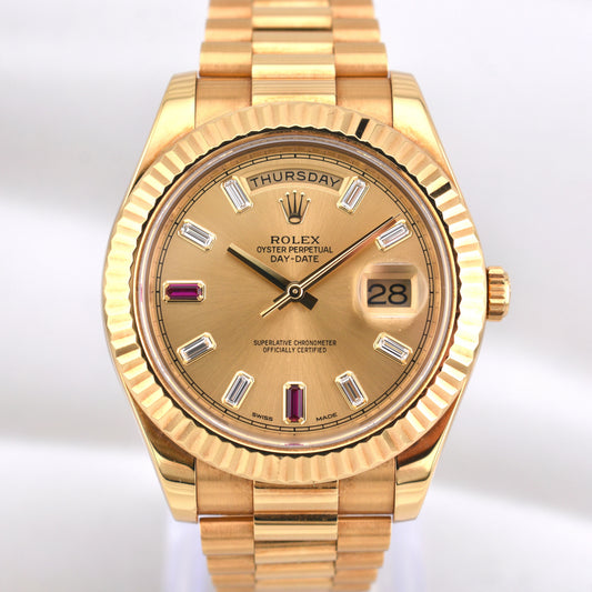 Rolex Day Date II Champagne Ruby Baguette Dial 218238 2015