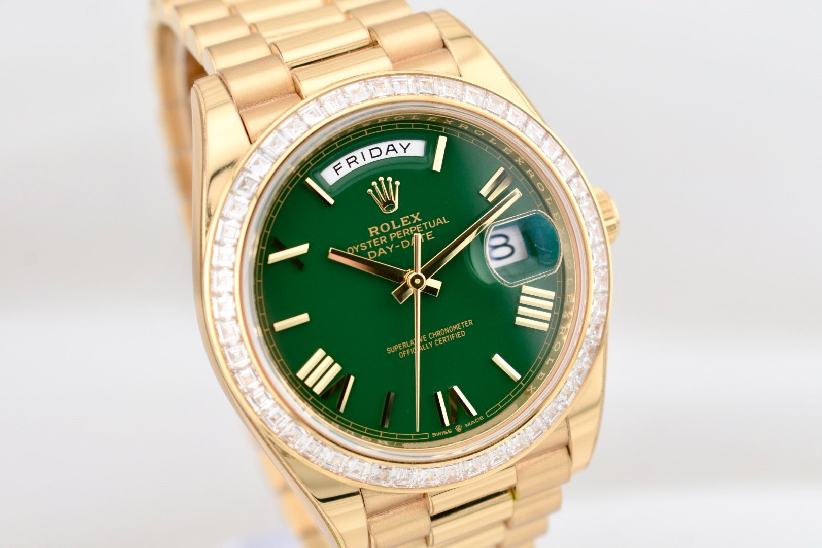 Rolex Day Date 40 ‘Money Green’ Dial Factory Baguette Diamond Bezel 228348TBR 2024