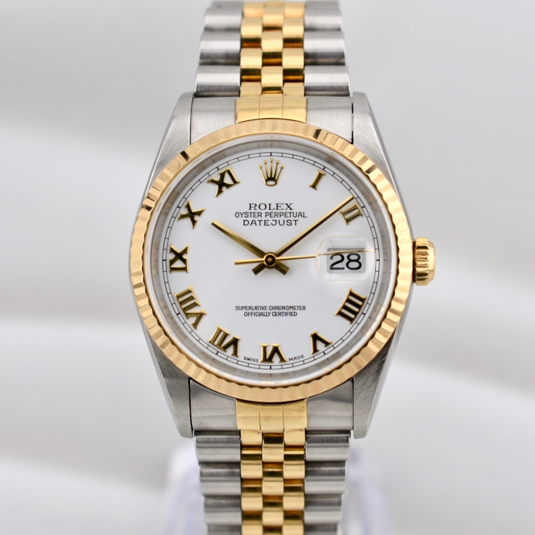 Rolex Datejust 36 Two Tone Yellow Gold White Roman Dial 16233 2000