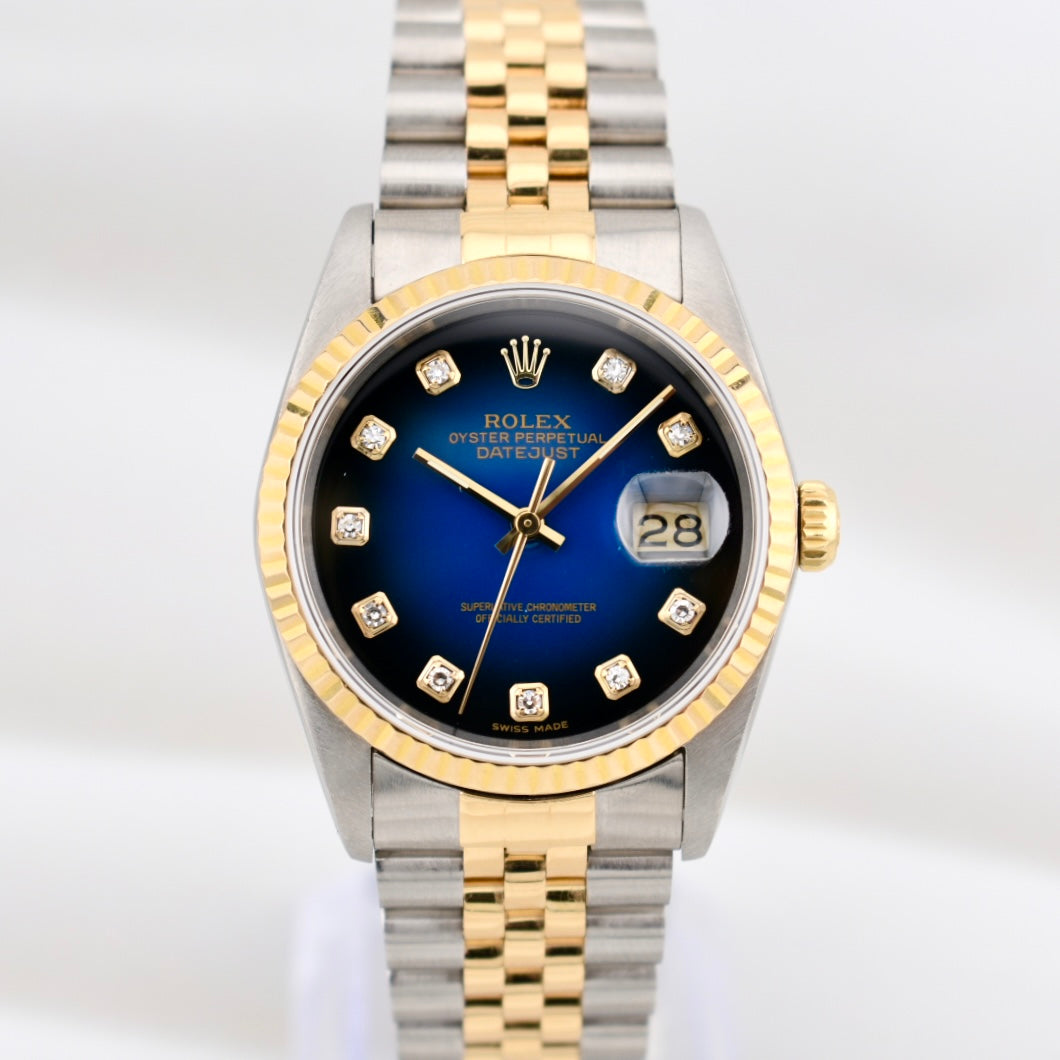 Rolex Datejust 36 Two Tone Yellow Gold Blue Vignette Diamond Dial 16233 1996
