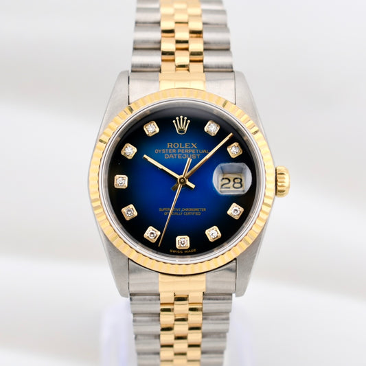 Rolex Datejust 36 Two Tone Yellow Gold Blue Vignette Diamond Dial 16233 1996