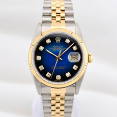 Rolex Datejust 36 Two Tone Yellow Gold Blue Vignette Diamond Dial 16233 1996