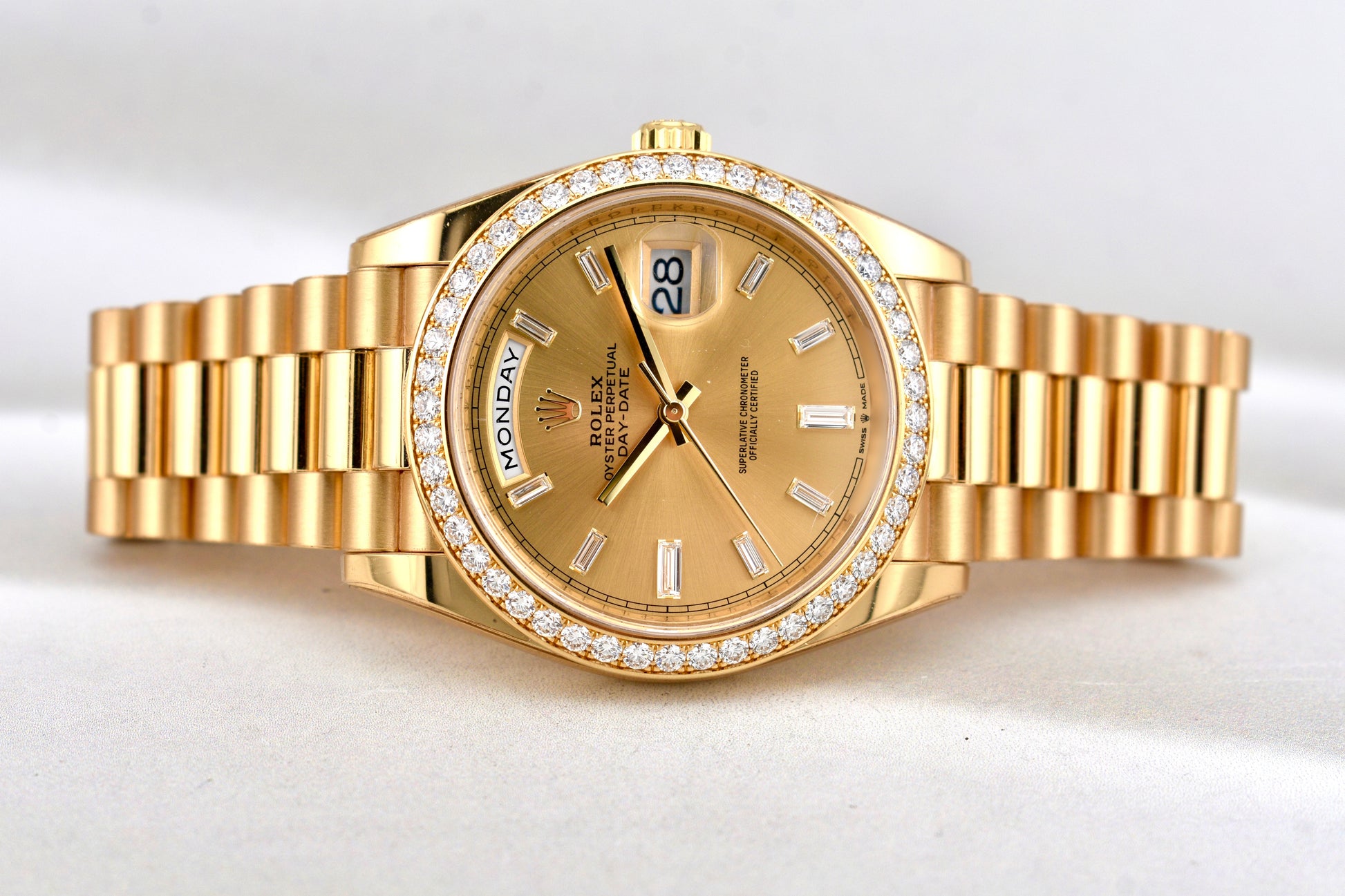 Rolex Day Date 40 Yellow Gold Champagne Baguette Diamond Dial 228348RBR 2024