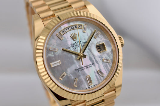 Rolex Day Date 40 Yellow Gold Mother of Pearl Baguette Diamond Markers 228238 2025