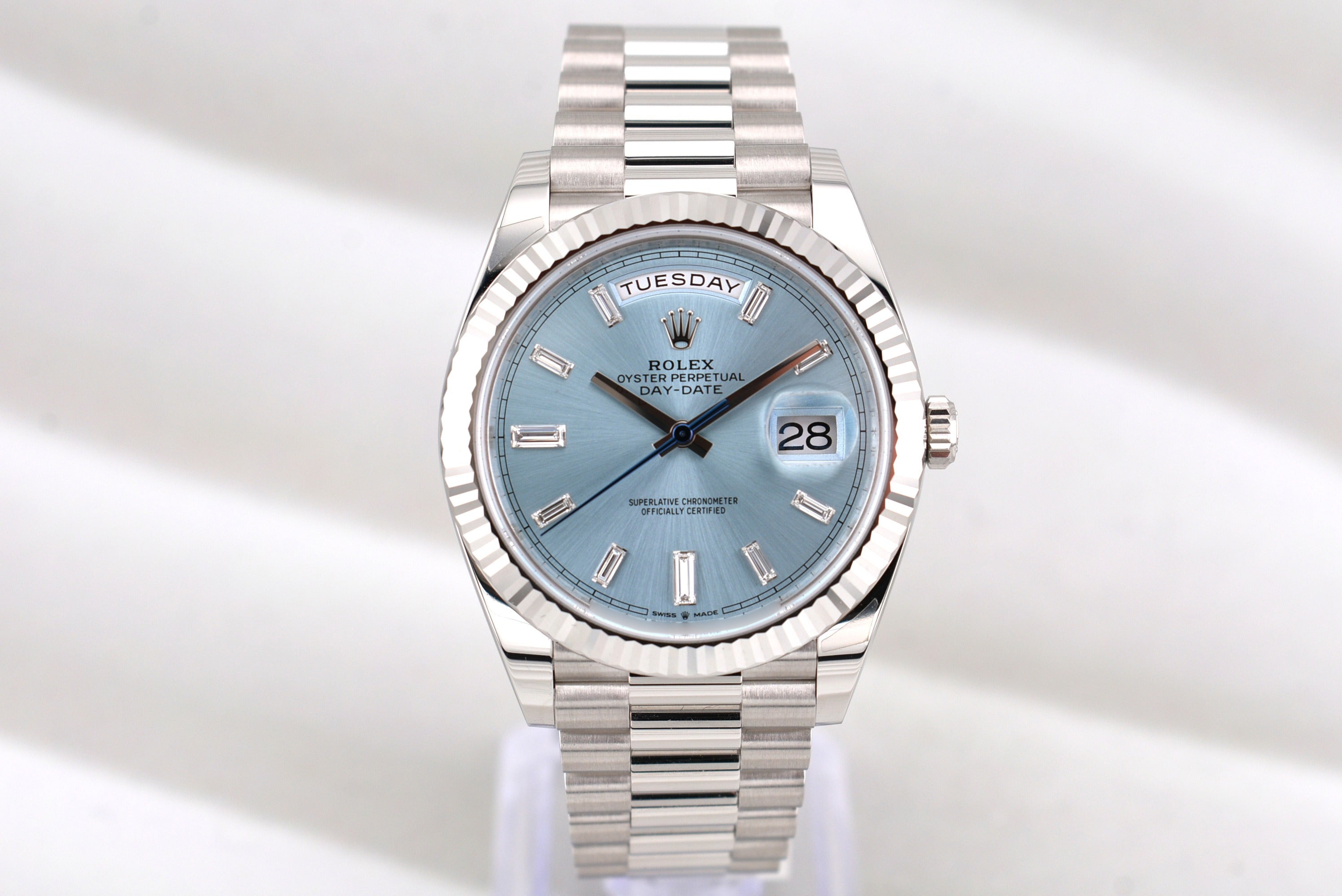 Rolex Day Date 40 Platinum Ice Blue Baguette Diamond Dial 228236 2026