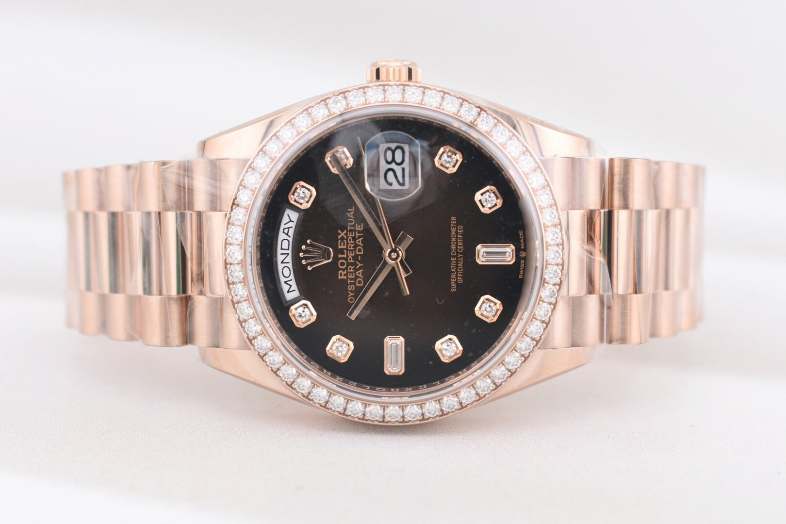 Rolex Day Date 36 Rose Gold Chocolate Baguette Diamond Dial 128345RBR 2023