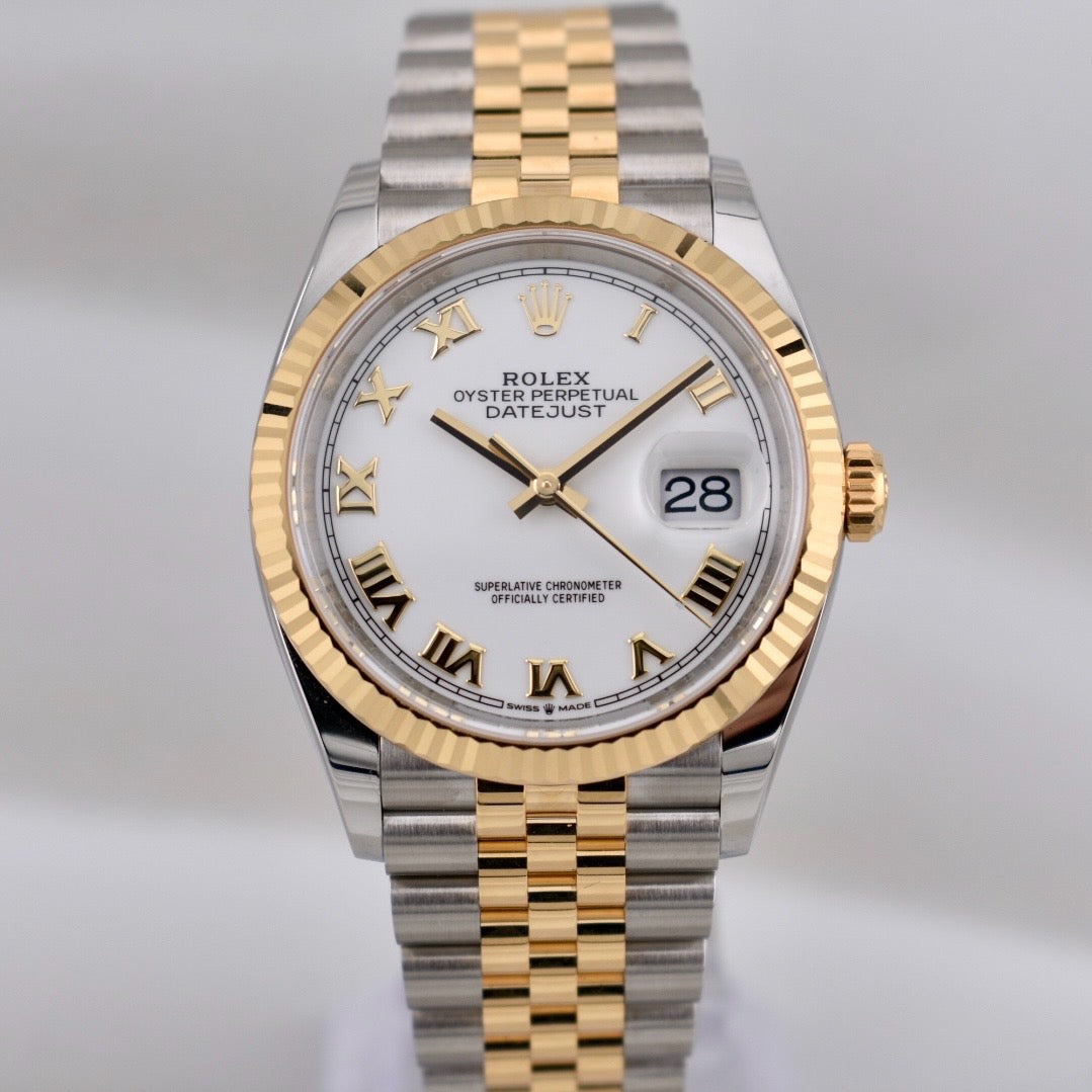 Rolex Datejust 36 Two Tone Yellow Gold White Roman Dial 126233 2025