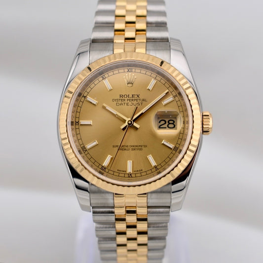 Rolex Datejust 36 Two Tone Yellow Gold Champagne Index Dial Super Jubilee 116233