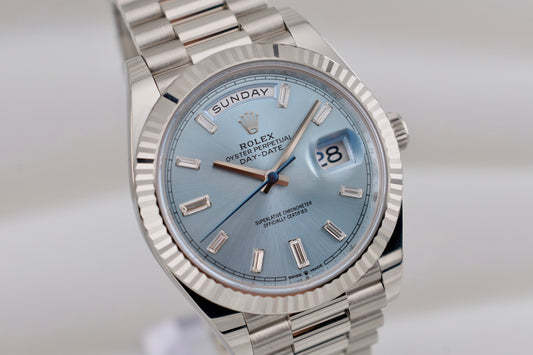 Rolex Day Date 40 Platinum Ice Blue Baguette Diamond Dial 228236 2024