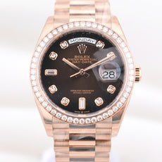Rolex Day Date 36 Rose Gold Chocolate Baguette Diamond Dial 128345RBR 2023