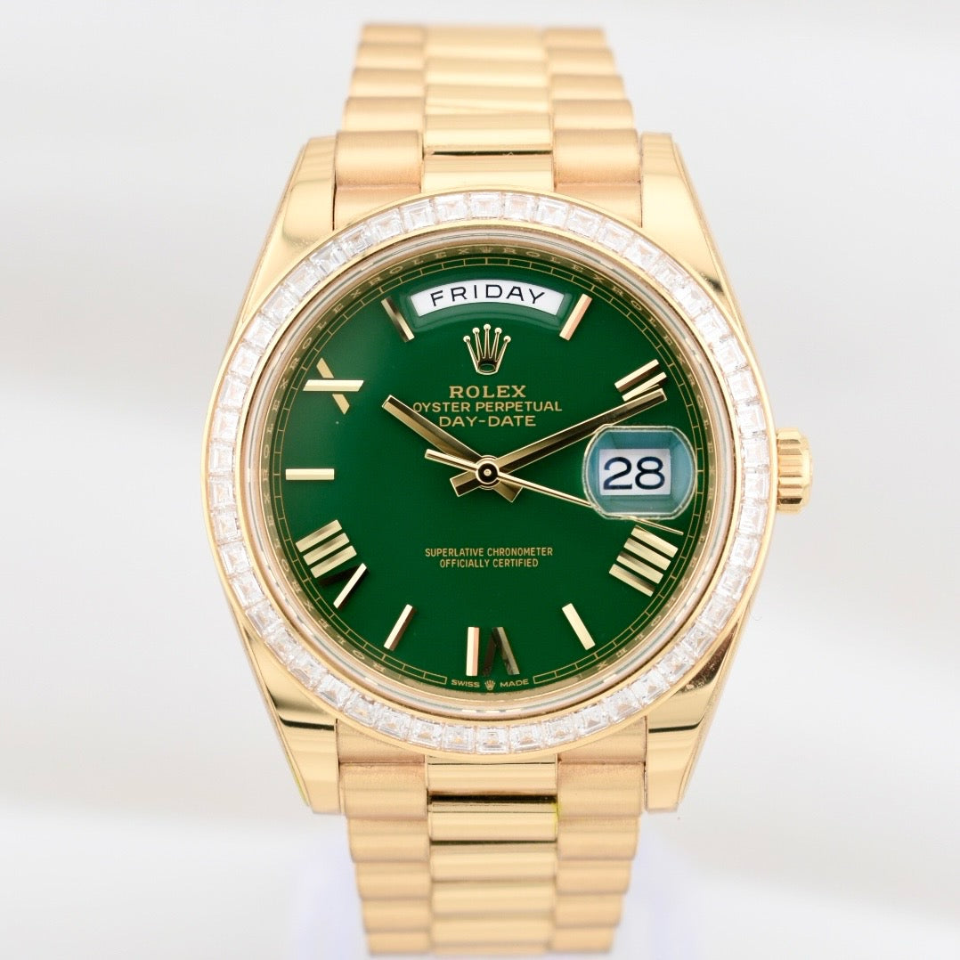 Rolex Day Date 40 ‘Money Green’ Dial Factory Baguette Diamond Bezel 228348TBR 2024