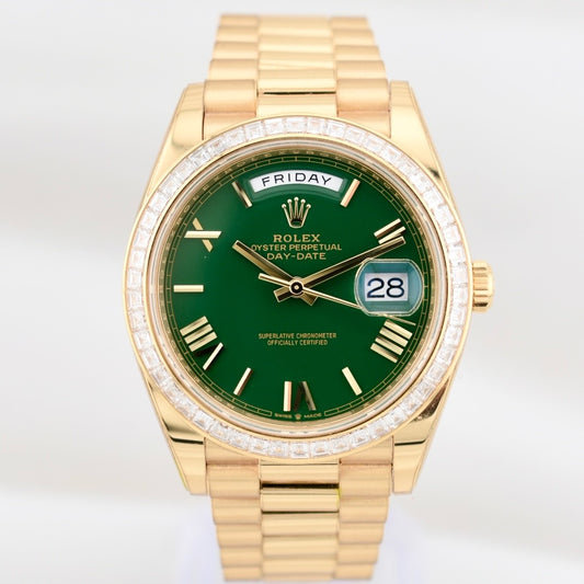 Rolex Day Date 40 ‘Money Green’ Dial Factory Baguette Diamond Bezel 228348TBR 2024