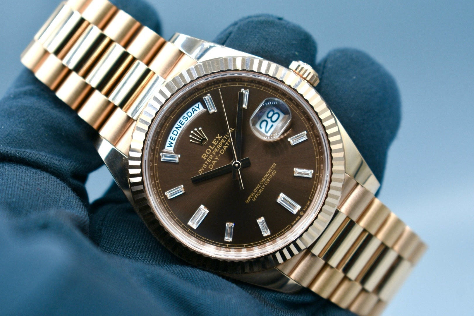 Rolex Day Date 40 Everose Gold Chocolate Baguette Diamond Dial 228235 2023