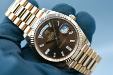 Rolex Day Date 40 Everose Gold Chocolate Baguette Diamond Dial 228235 2023