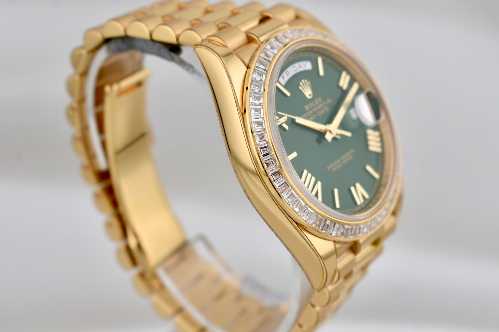 Rolex Day Date 40 ‘Money Green’ Dial Factory Baguette Diamond Bezel 228348TBR 2024