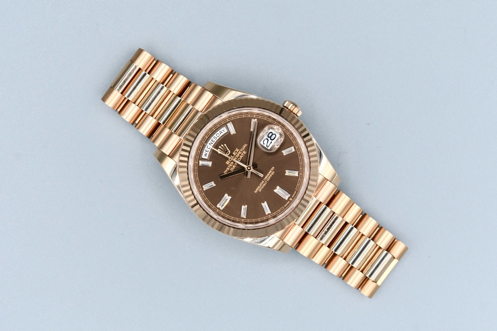 Rolex Day Date 40 Everose Gold Chocolate Baguette Diamond Dial 228235 2023