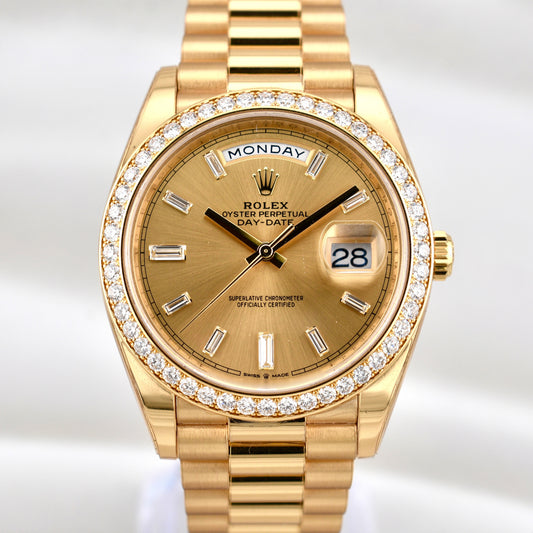 Rolex Day Date 40 Yellow Gold Champagne Baguette Diamond Dial 228348RBR 2024