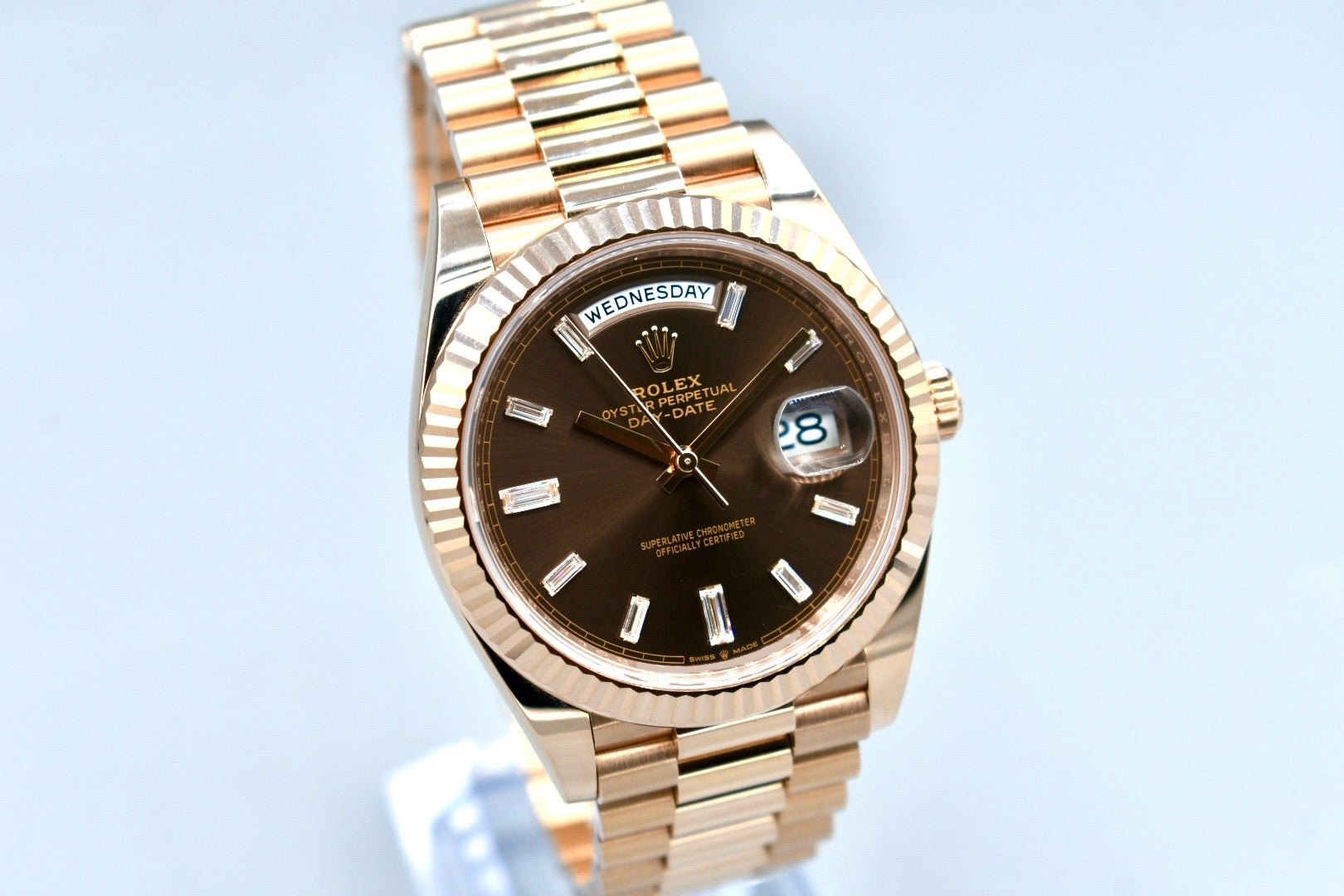 Rolex Day Date 40 Everose Gold Chocolate Baguette Diamond Dial 228235 2023
