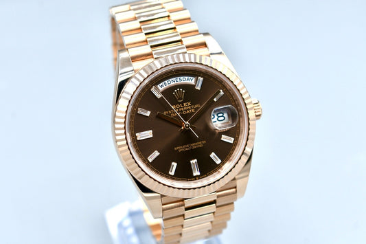 Rolex Day Date 40 Everose Gold Chocolate Baguette Diamond Dial 228235 2023