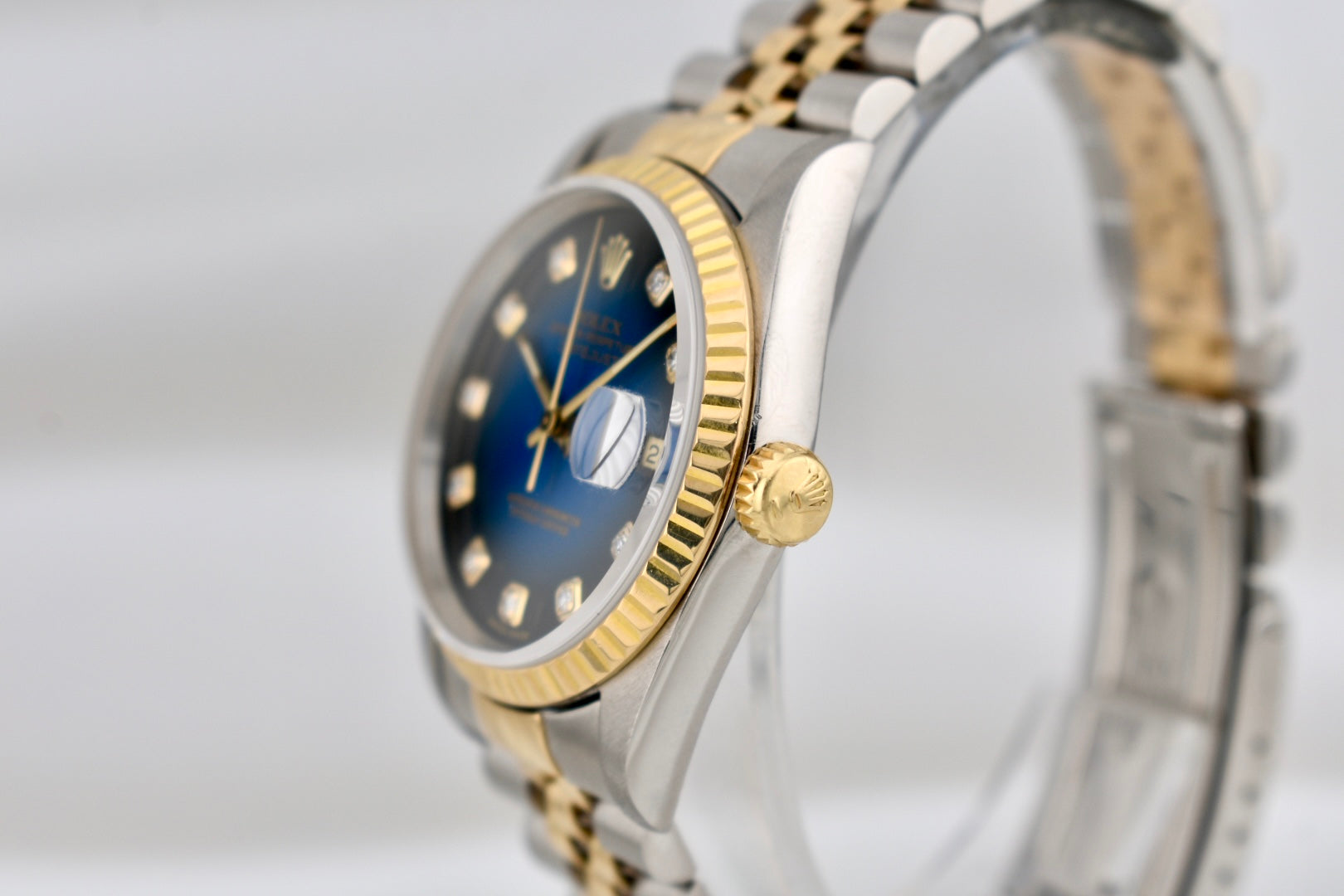 Rolex Datejust 36 Two Tone Yellow Gold Blue Vignette Diamond Dial 16233 1996