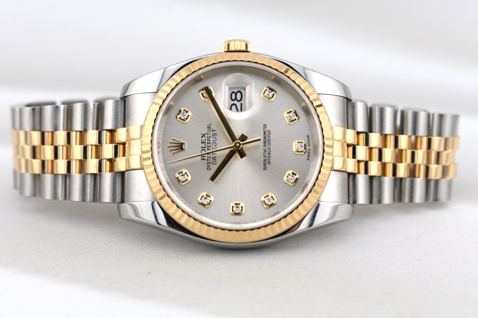 Rolex Datejust 36 Silver Diamond Dial Two Tone Yellow Gold 116233 2016