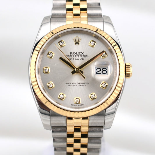 Rolex Datejust 36 Silver Diamond Dial Two Tone Yellow Gold 116233 2016