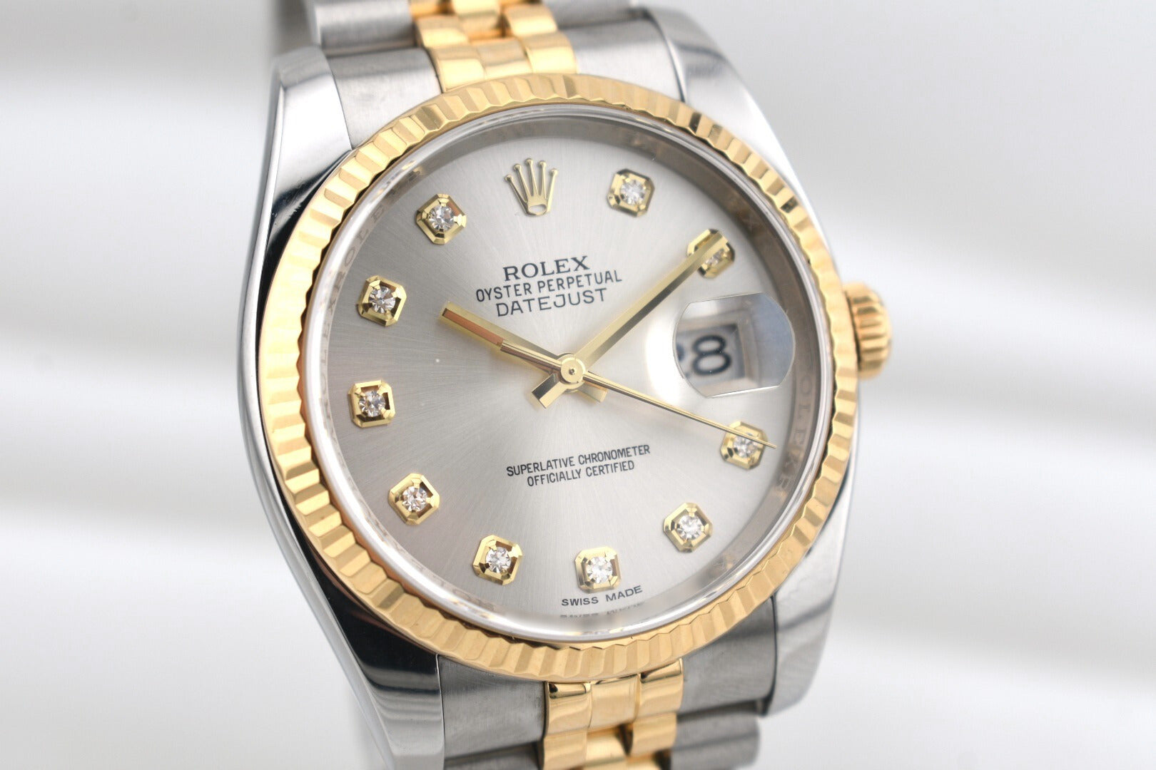 Rolex Datejust 36 Silver Diamond Dial Two Tone Yellow Gold 116233 2016