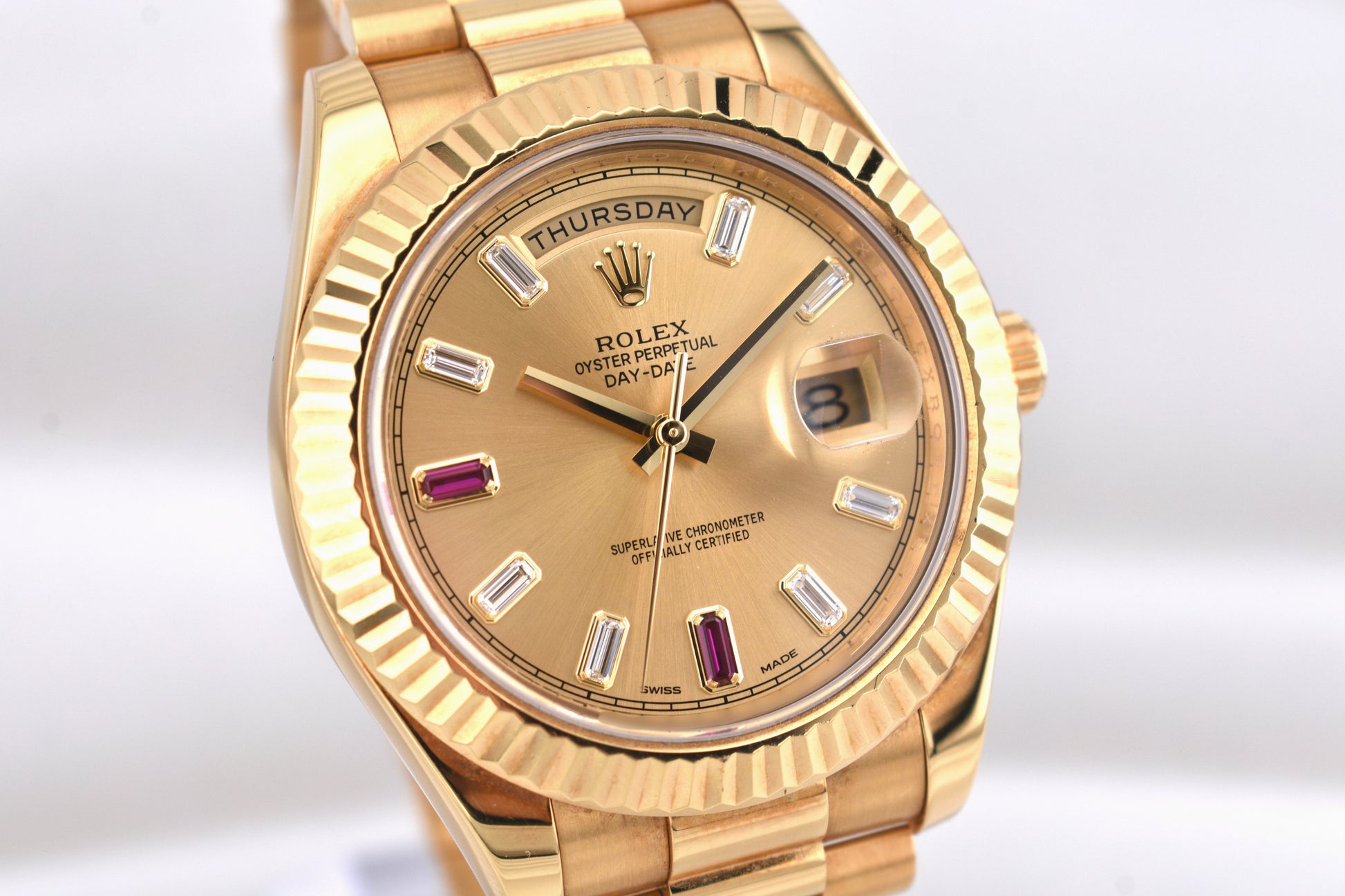 Rolex Day Date II Champagne Ruby Baguette Dial 218238 2015