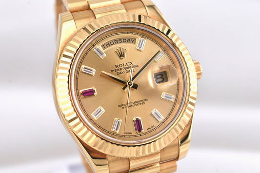 Rolex Day Date II Champagne Ruby Baguette Dial 218238 2015