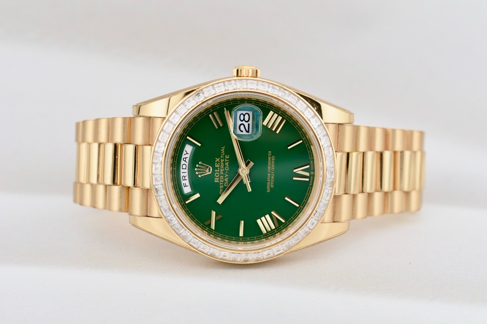Rolex Day Date 40 ‘Money Green’ Dial Factory Baguette Diamond Bezel 228348TBR 2024
