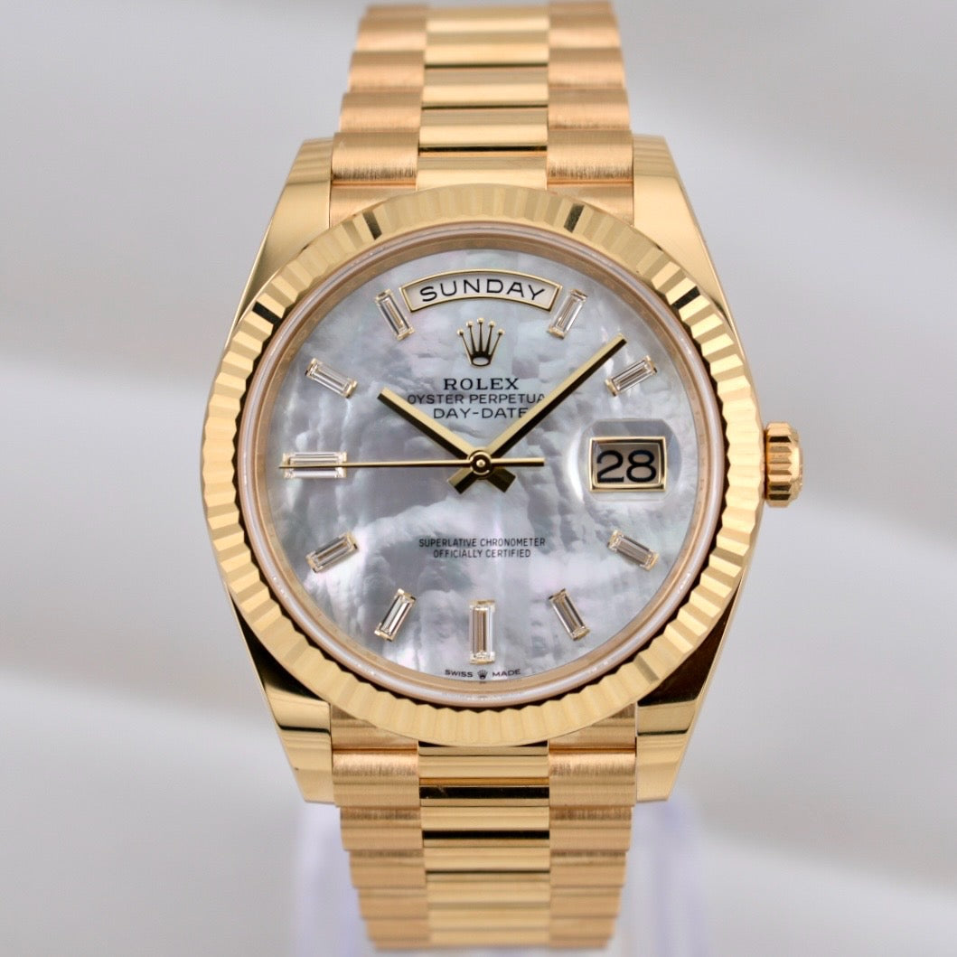 Rolex Day Date 40 Yellow Gold Mother of Pearl Baguette Diamond Markers 228238 2025
