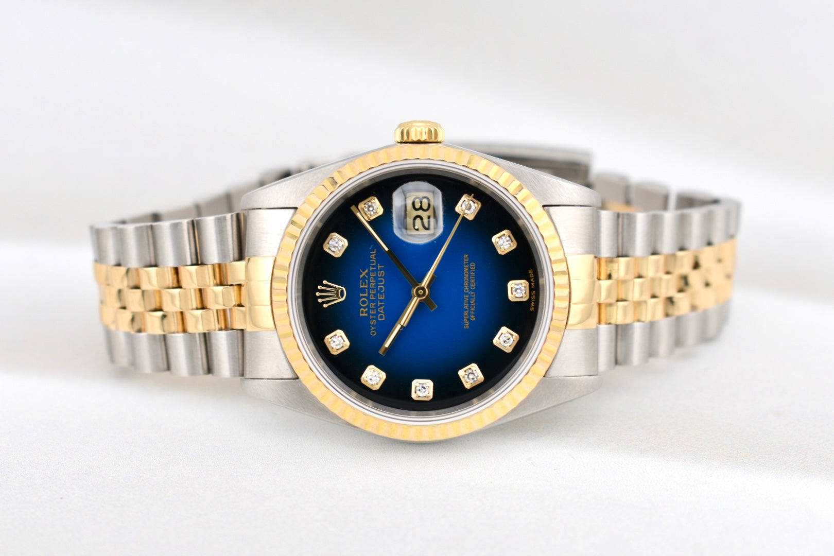 Rolex Datejust 36 Two Tone Yellow Gold Blue Vignette Diamond Dial 16233 1996