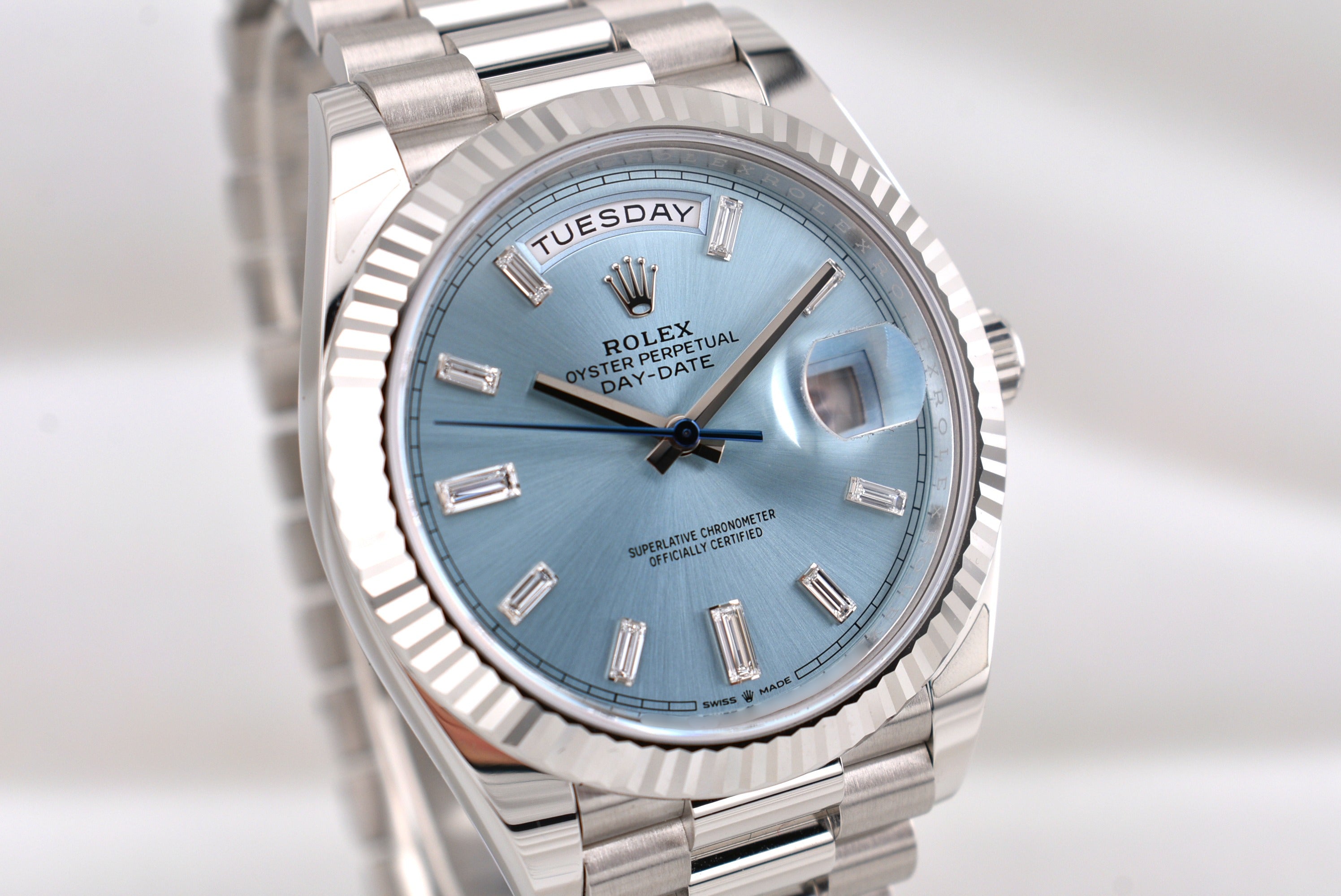 Rolex Day Date 40 Platinum Ice Blue Baguette Diamond Dial 228236 2026