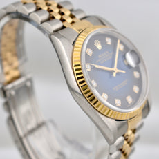 Rolex Datejust 36 Two Tone Yellow Gold Blue Vignette Diamond Dial 16233 1995
