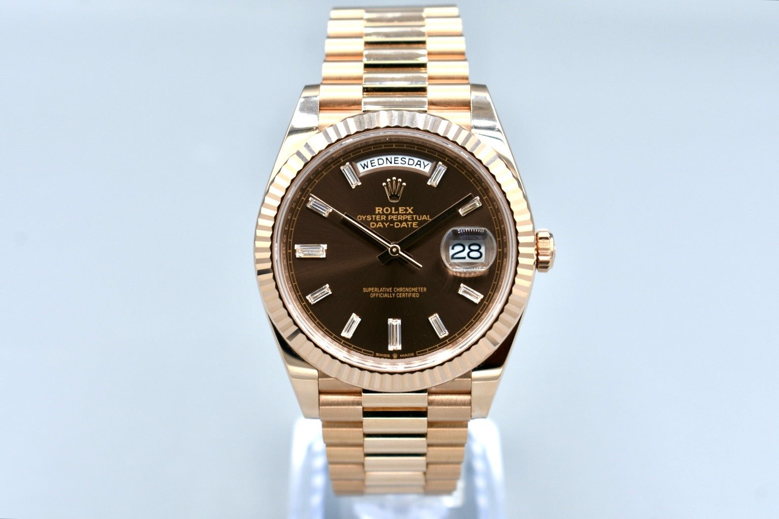 Rolex Day Date 40 Everose Gold Chocolate Baguette Diamond Dial 228235 2023