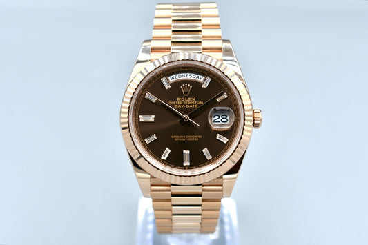 Rolex Day Date 40 Everose Gold Chocolate Baguette Diamond Dial 228235 2023