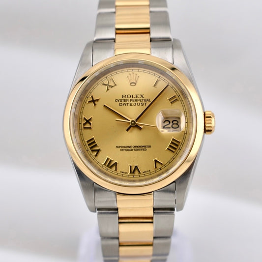 Rolex Datejust 36 Two Tone Yellow Gold Champagne Roman Dial 16203 2004