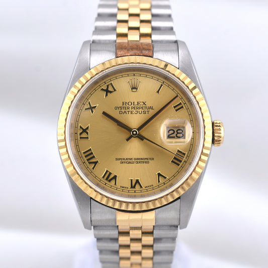 Rolex Datejust 36 Two Tone Yellow Gold Champagne Roman Numeral Dial 16233 1996