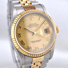 Rolex Datejust 36 Two Tone Yellow Gold Champagne Roman Numeral Dial 16233 1996