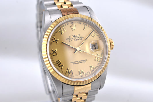 Rolex Datejust 36 Two Tone Yellow Gold Champagne Roman Numeral Dial 16233 1996