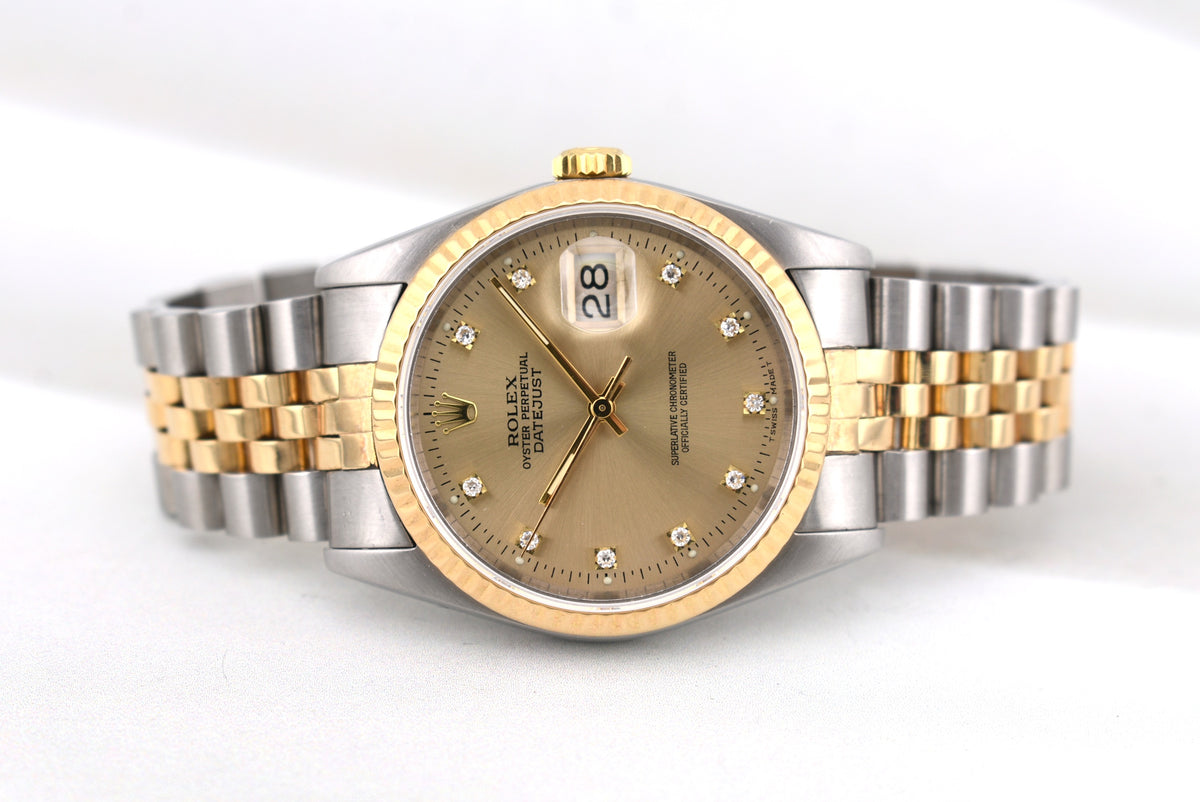 Rolex Datejust 36 Champagne Diamond Dial 16233 E Serial 1990