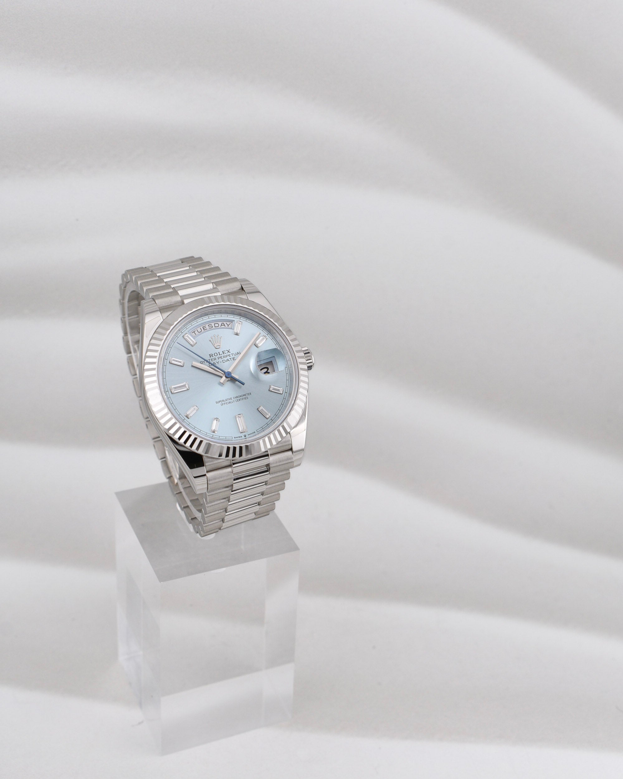 Rolex Day Date 40 Platinum Ice Blue Baguette Diamond Dial 228236 2026