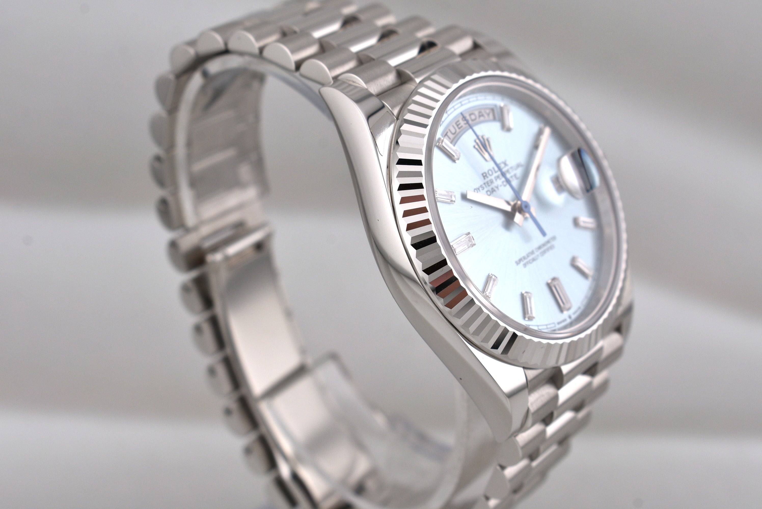 Rolex Day Date 40 Platinum Ice Blue Baguette Diamond Dial 228236 2026