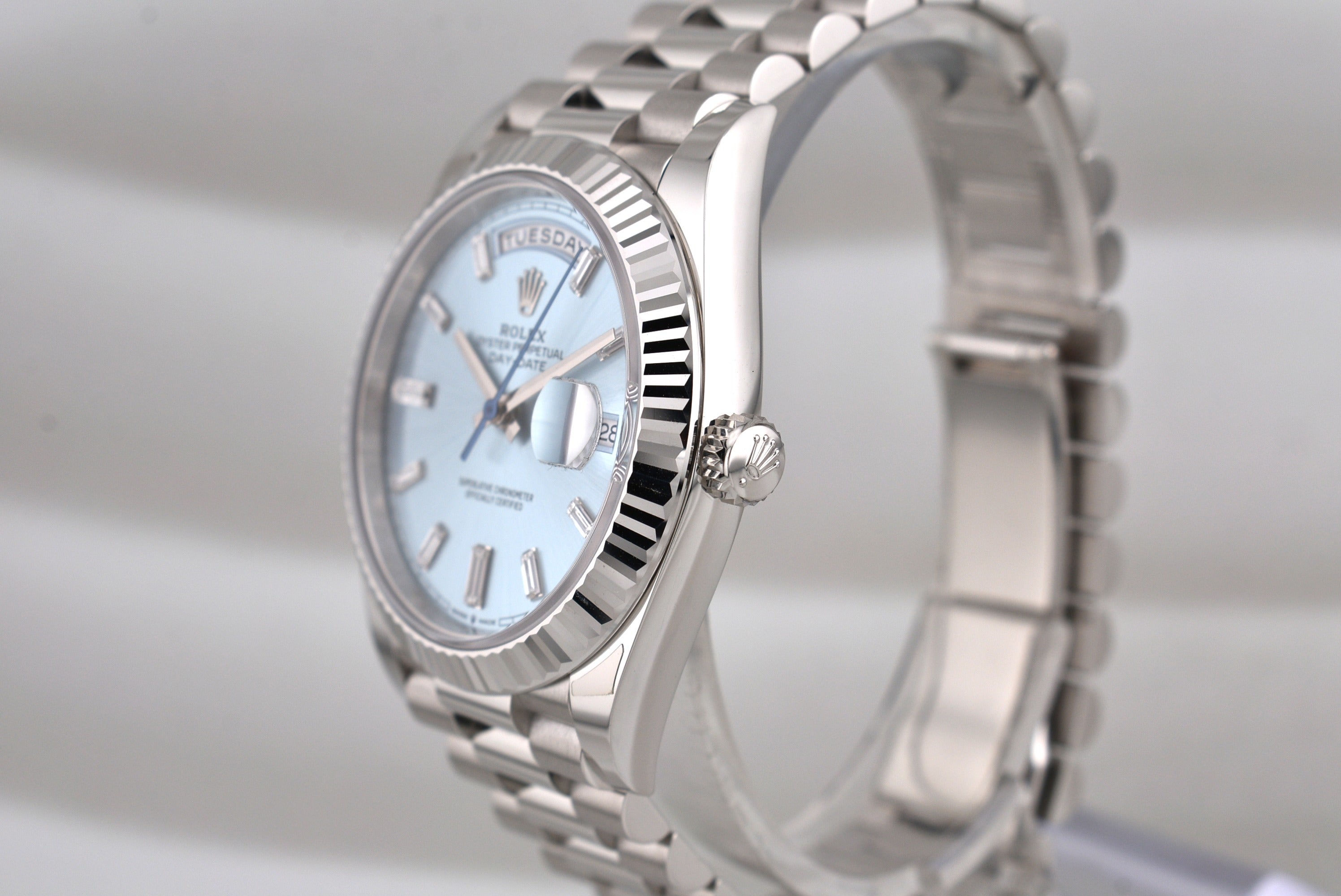Rolex Day Date 40 Platinum Ice Blue Baguette Diamond Dial 228236 2026