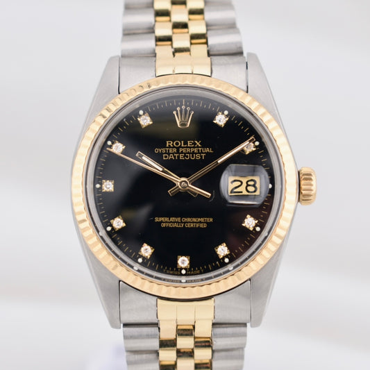 Rolex Datejust 36 Black Diamond Dial Two Tone Yellow Gold 16013 1982